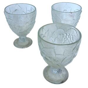 Vintage Pasabahce Fruit Embossed Heavy Pressed Glass Water Goblets SET OF 3